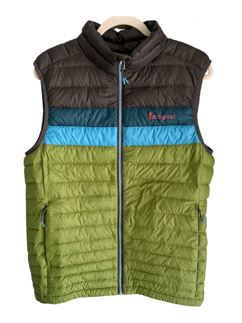 Cotopaxi Men's Medium Fuego Down Filled Vest Iron And Cedar Striped Green
